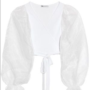 NWT Zara white wrap top with sheer organza puff sleeve